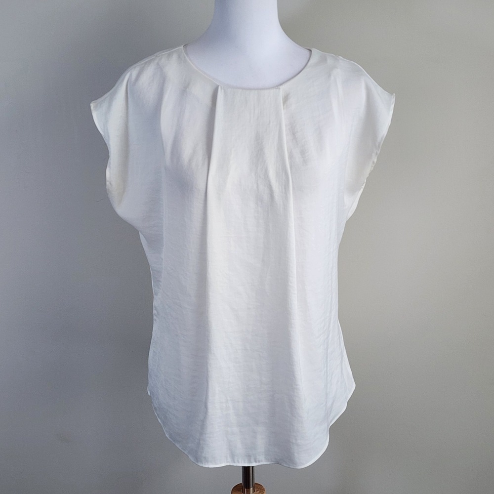 Contemporaine Pleated Cap Sleeve Blouse Womens S White Career Flowy Ethereal Top